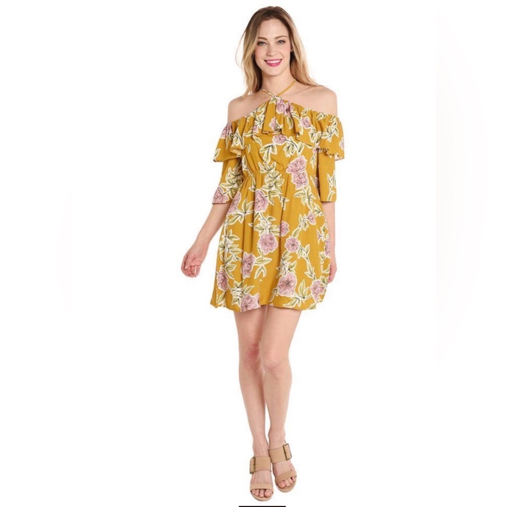 2/$30 cupcakes & cashmere Floral Ruffle Halter Mini Dress Yellow Goldenrod